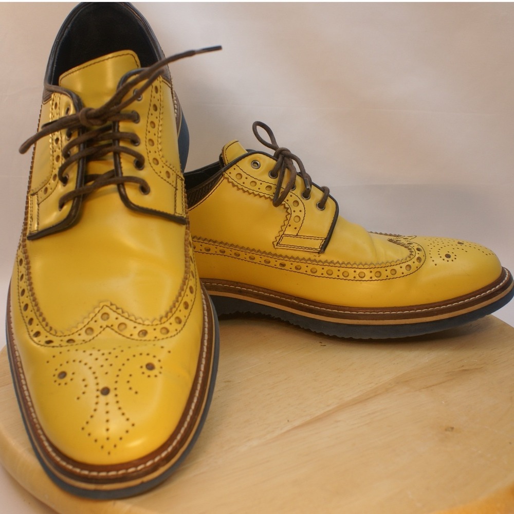 Cristiano Gualtieri M 9 Yellow Leather Wingtip Brogue Derby Shoes Made in Italy